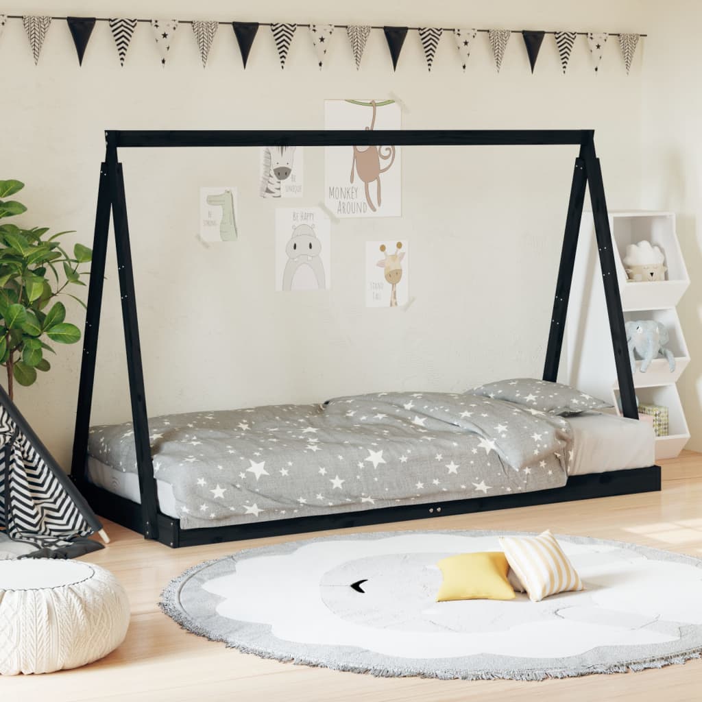 Children's bed frame black 90x200 cm solid pine wood
