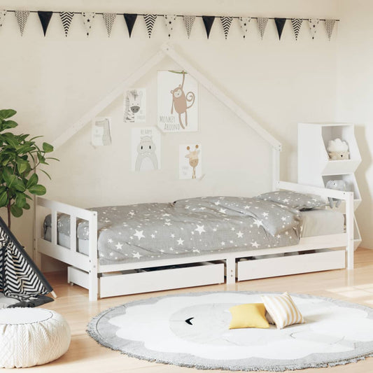 Children's bed frame with drawers white 90x200 cm solid pine wood
