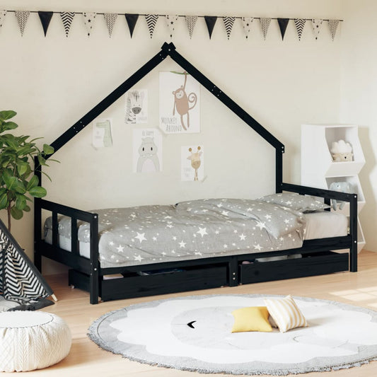 Children's bed frame with drawers black 90x200 cm solid pine wood