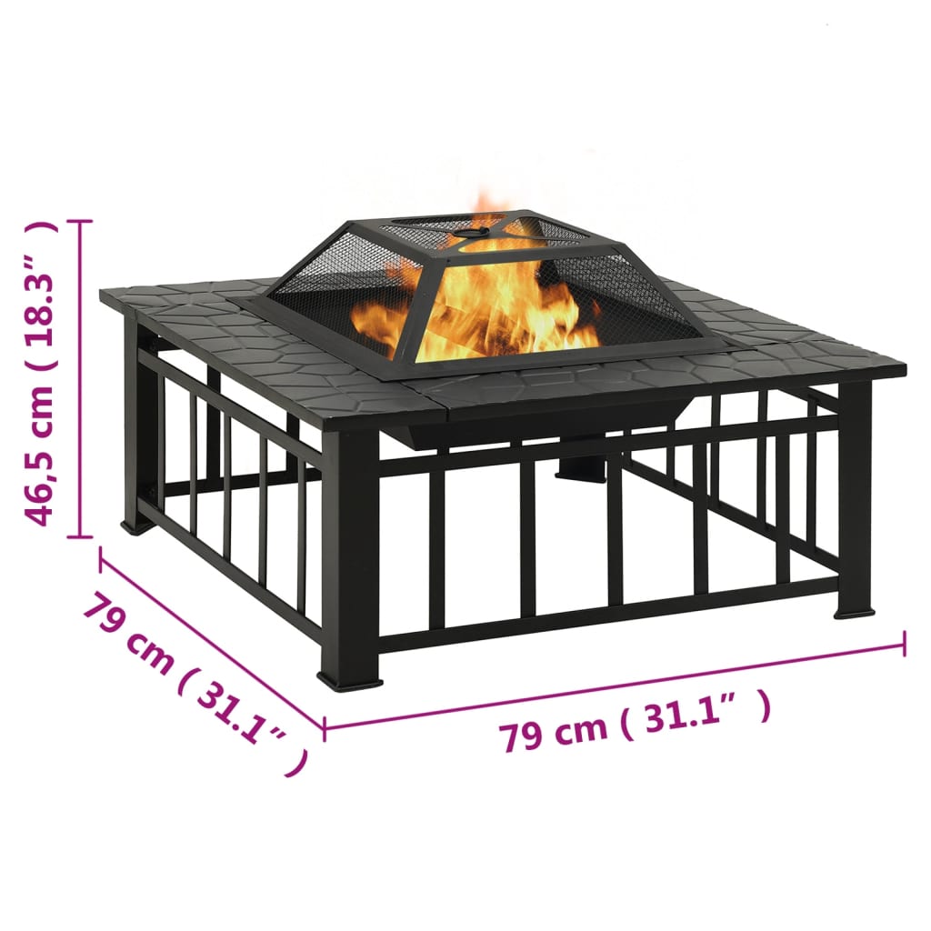 Fire pit with fire rake 79x79x46.5 cm XXL steel