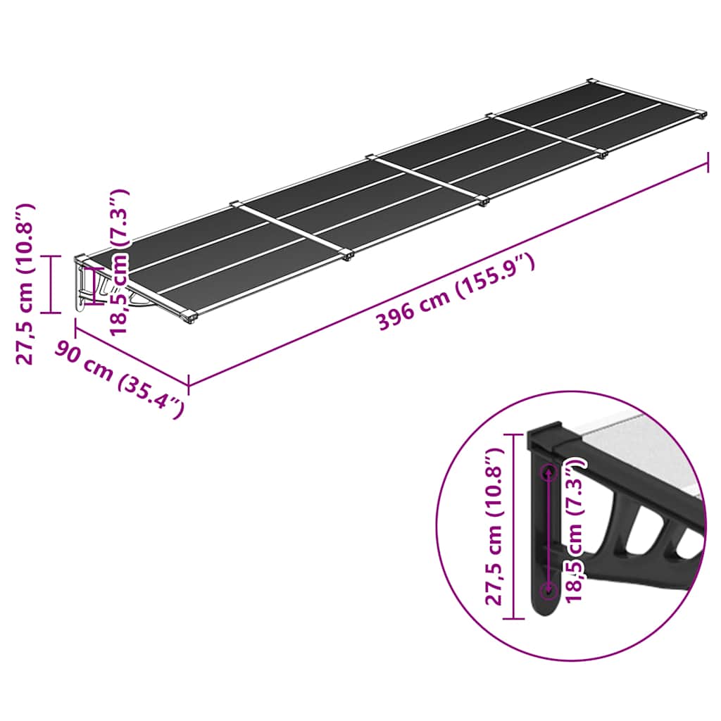Black and transparent canopy 396x90 cm polycarbonate