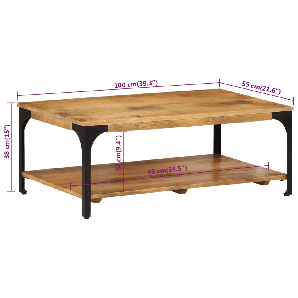 Coffee table 2 layers 100x55x38 cm solid mango wood and steel