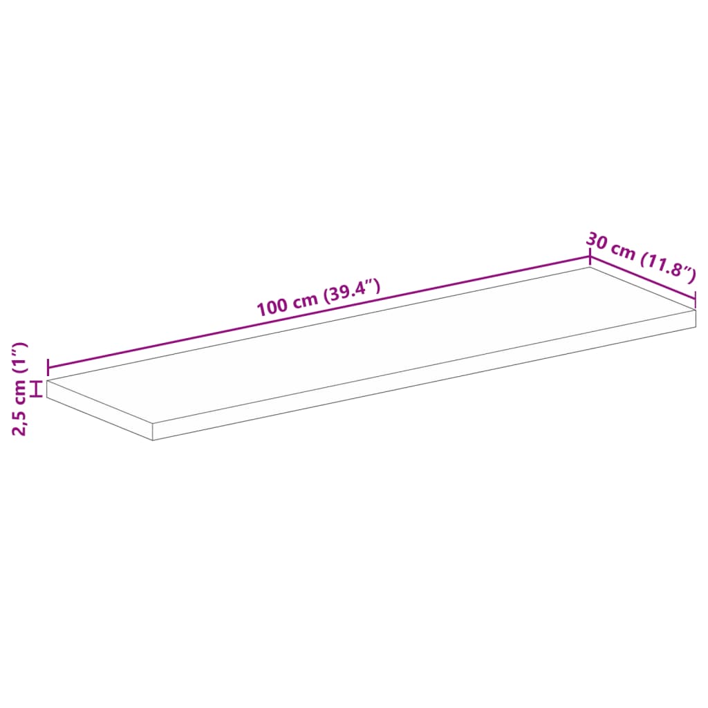 Bordplate 100x30x2,5 cm rektangulær grovt heltre mango