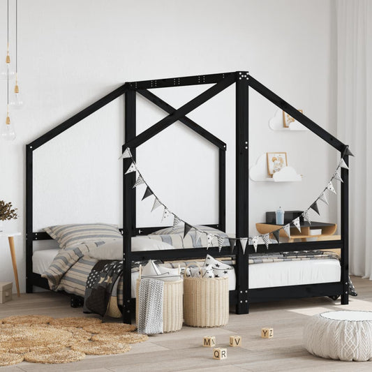 Children's bed frame black 2x(80x160) cm solid pine wood