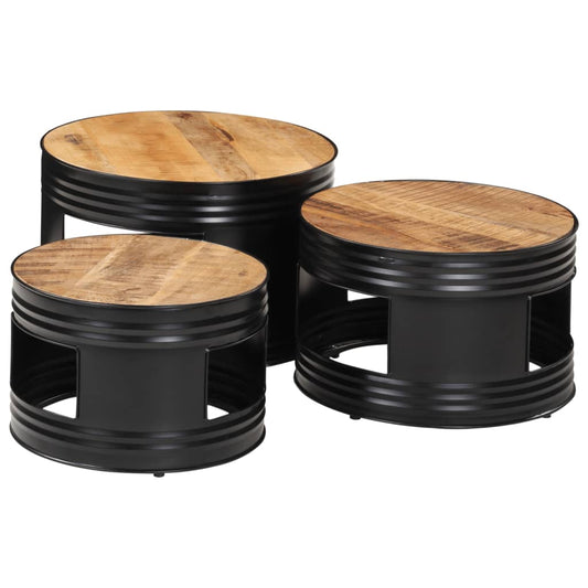 Bar table drum-shaped 3 pieces rough solid mango wood