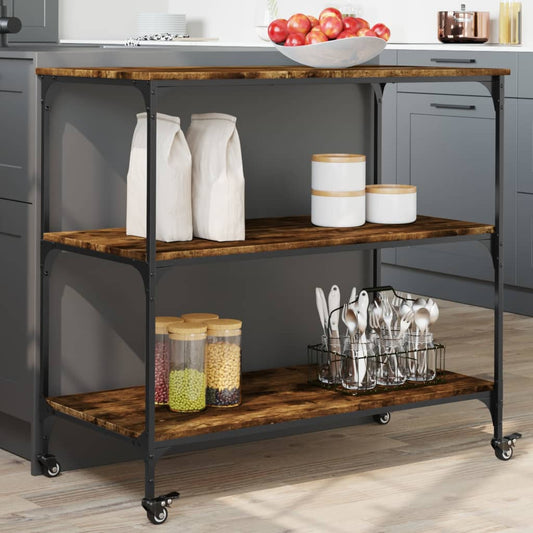 Kitchen trolley smoked oak 102x50x95 cm engineered wood