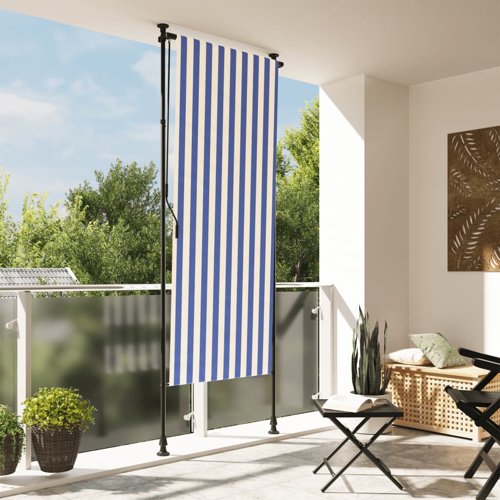 Outdoor roller blind blue and white 100x270 cm fabric and steel