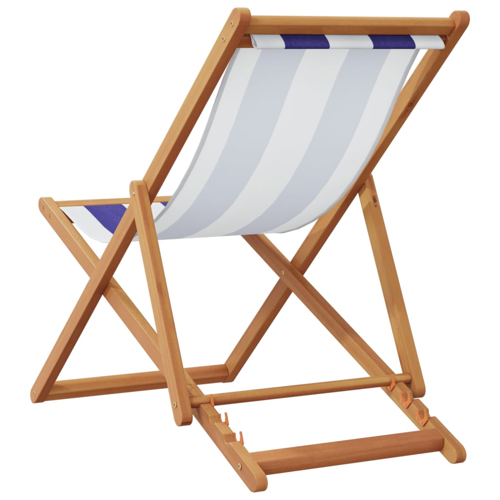 Folding beach chair blue and white solid eucalyptus wood and fabric
