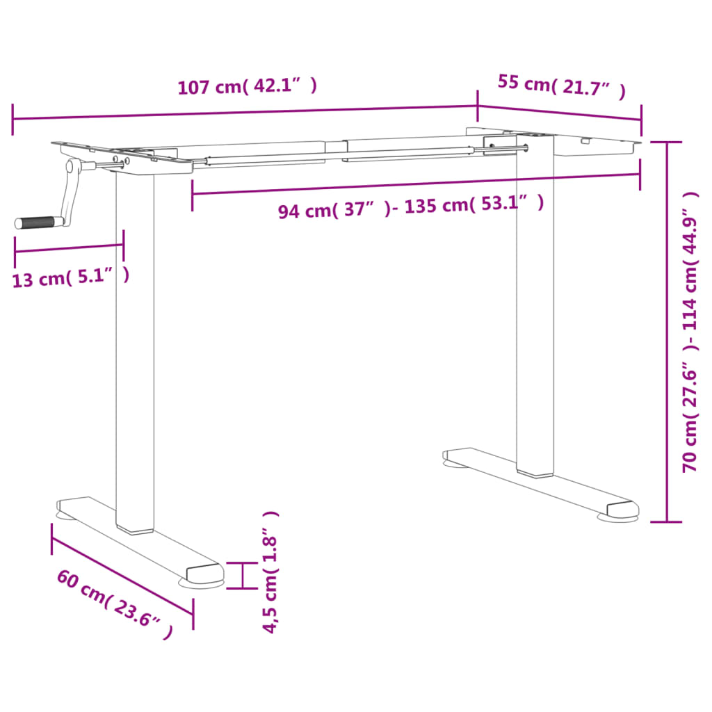 Standing frame for desk white (94-135)x60x(70-114) cm steel