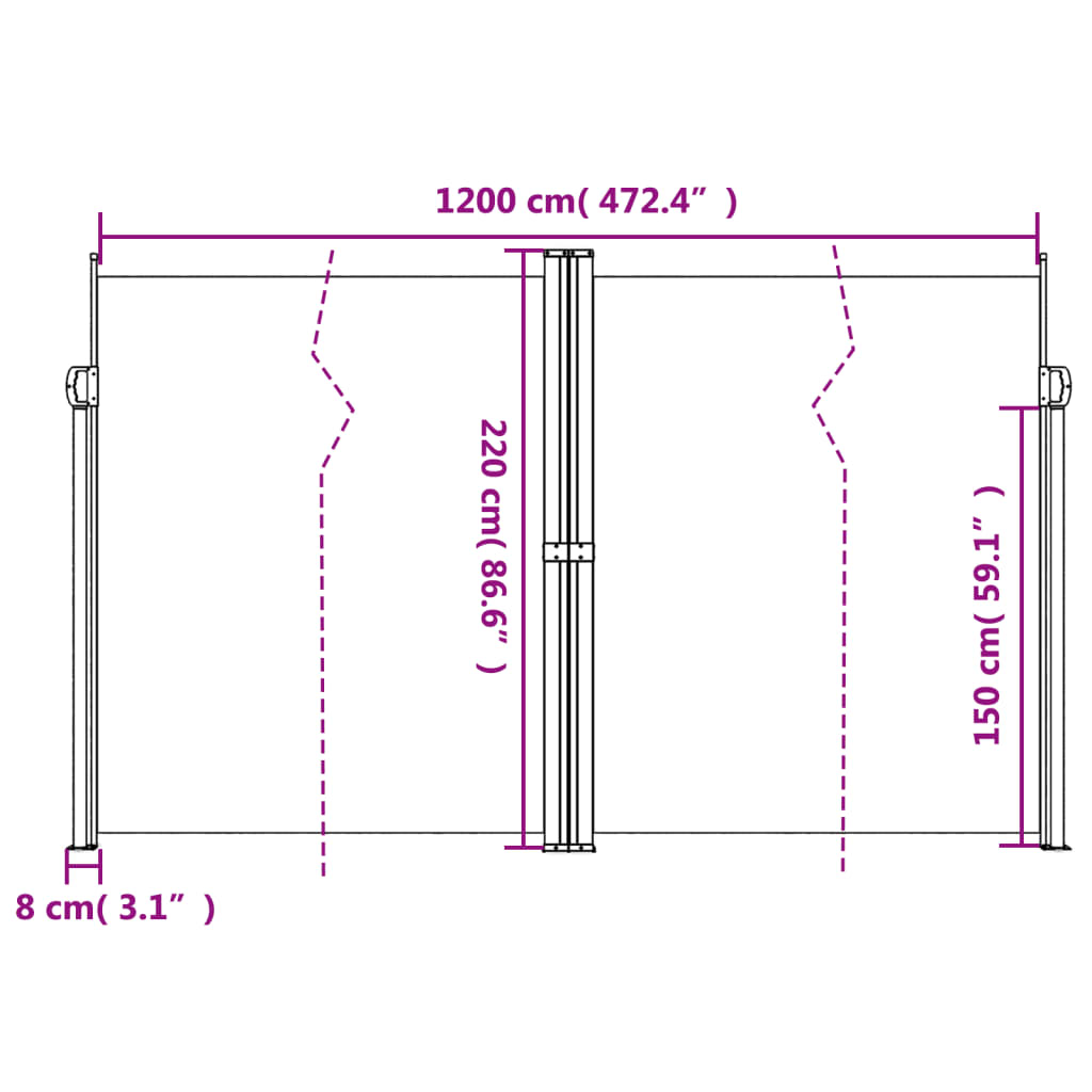 Retractable side awning 220x1200 cm terracotta