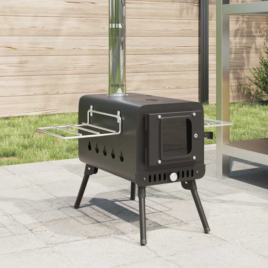 Tent stove with chimney and foldable legs black steel