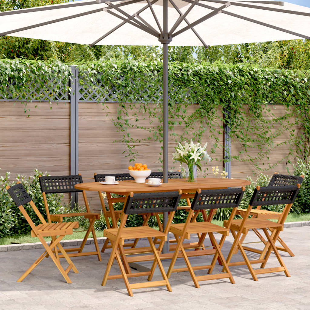 Folding garden chairs 8 pieces black poly rattan and solid wood