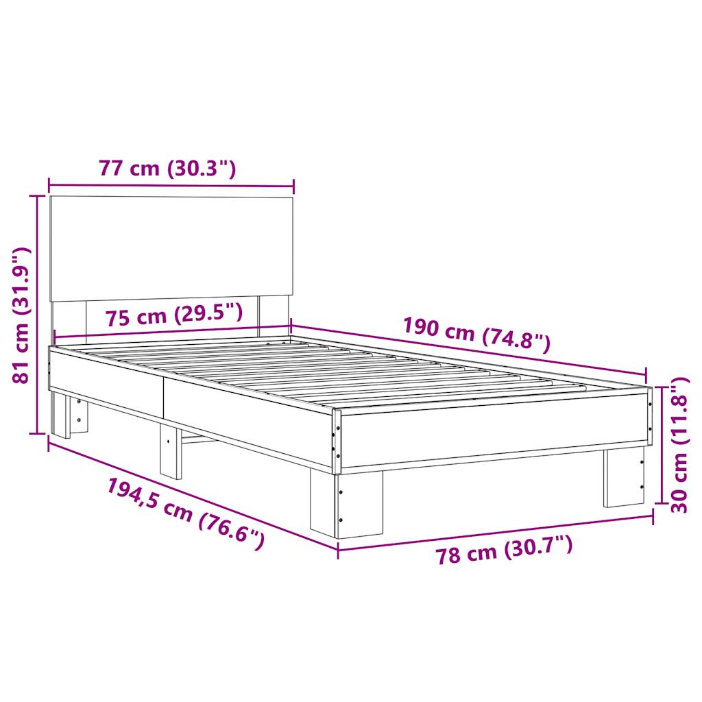 Bed frame smoked oak 75x190 cm engineered wood and metal