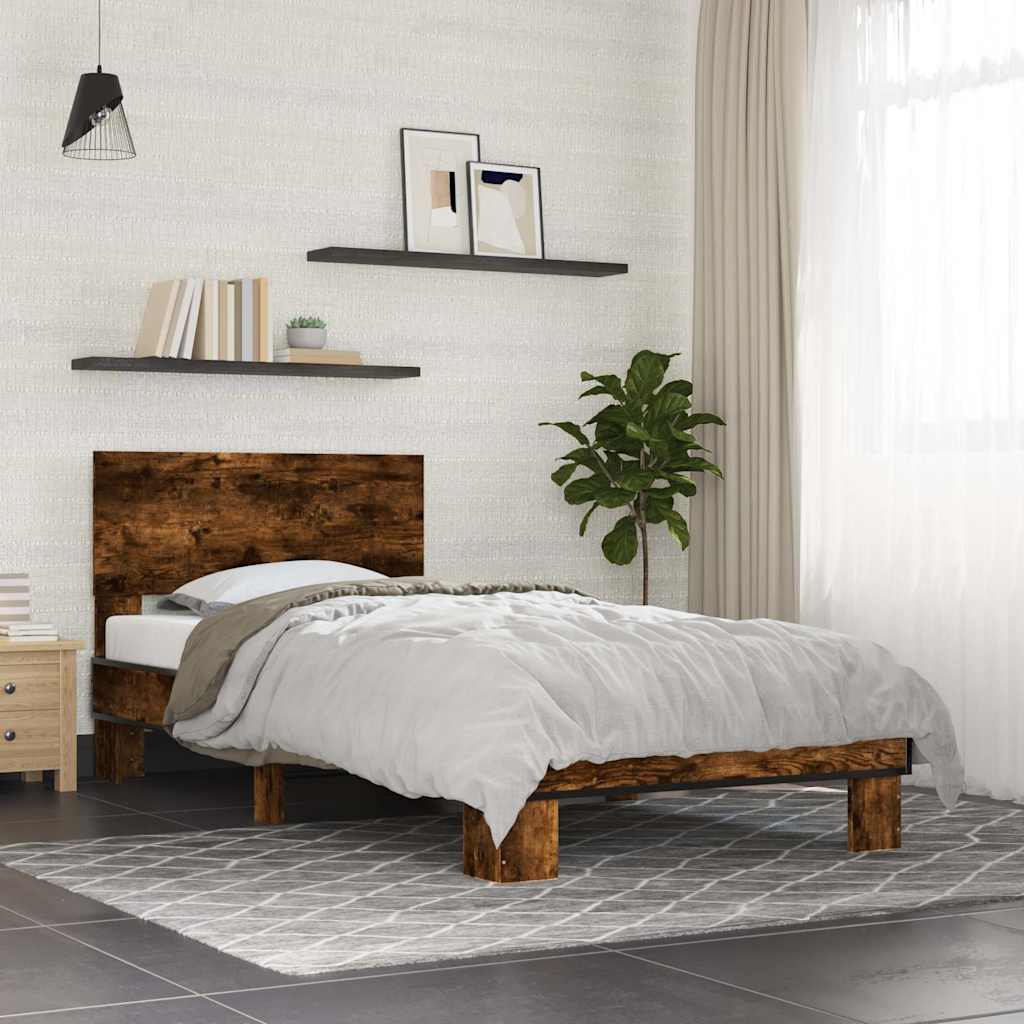 Bed frame smoked oak 75x190 cm engineered wood and metal