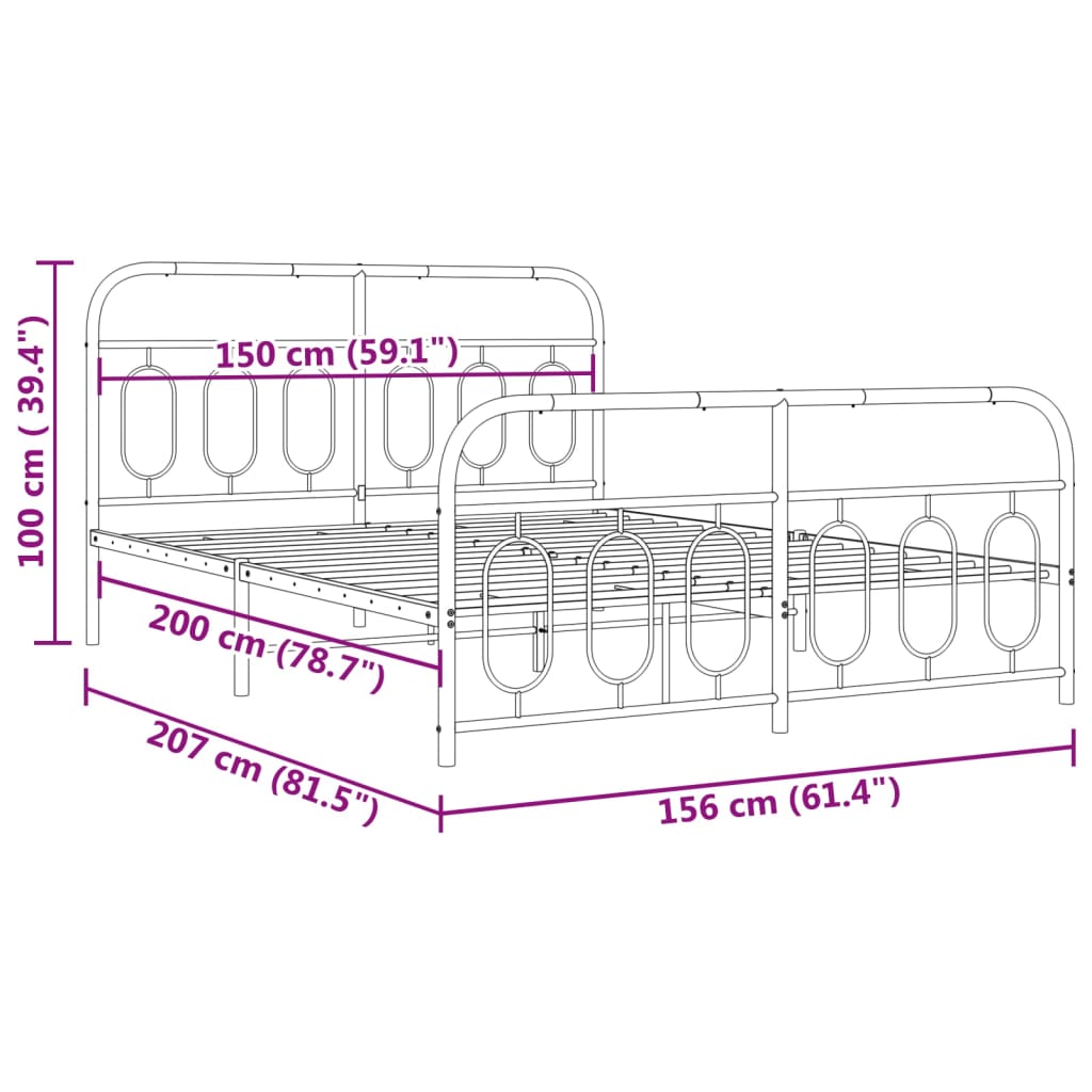 Metal bed frame with head and footboard black 150x200 cm