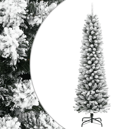 Slim artificial Christmas tree with flocked snow 150 cm PVC and PE