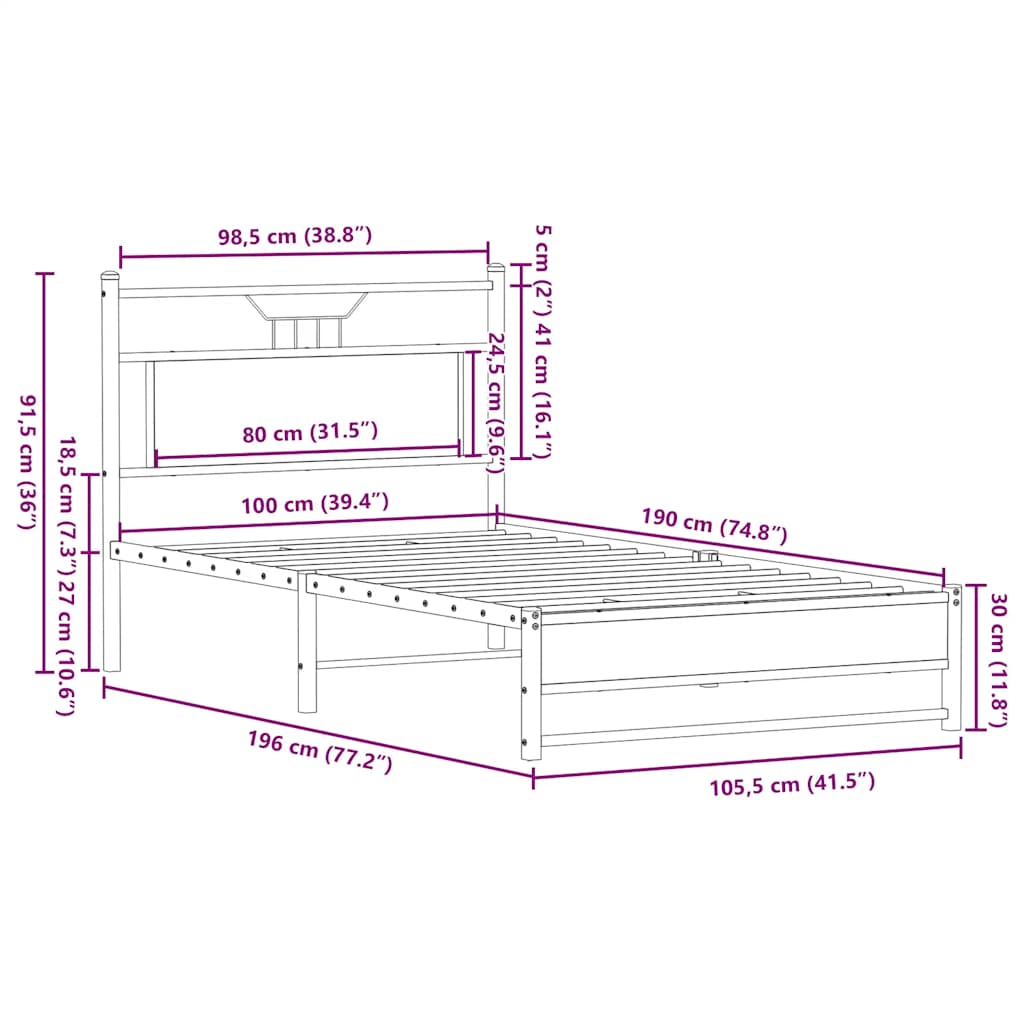 Bed frame without mattress smoked oak 100x190 cm engineered wood