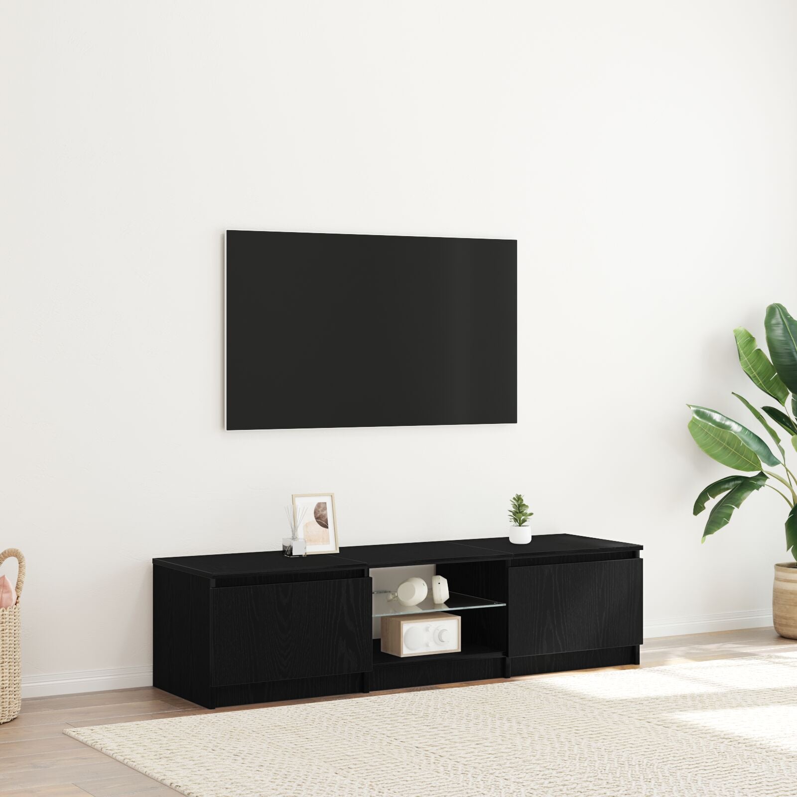 TV bench with LED lights in black oak - 140 x 40 x 35.5 cm - made of engineered wood
