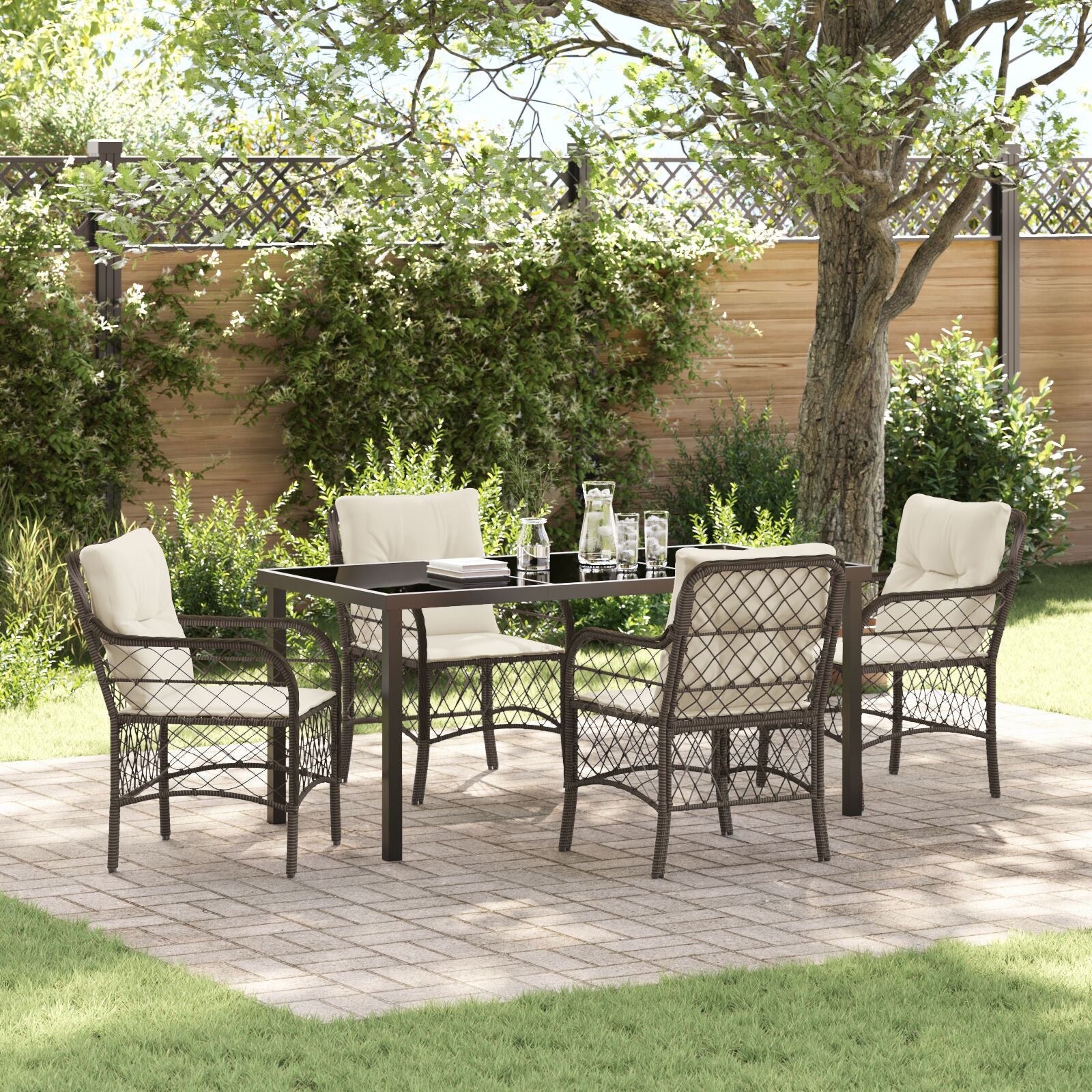 5-Piece Garden Dining Table Set with Cushions Brown Poly Rattan