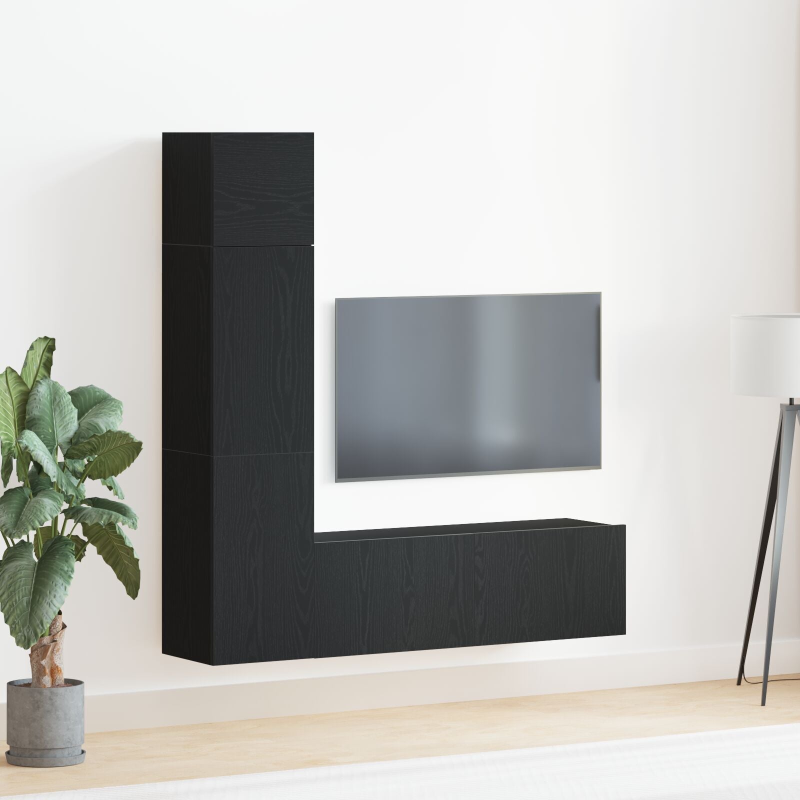 3-piece wall-mounted TV credenza set in black oak engineered wood