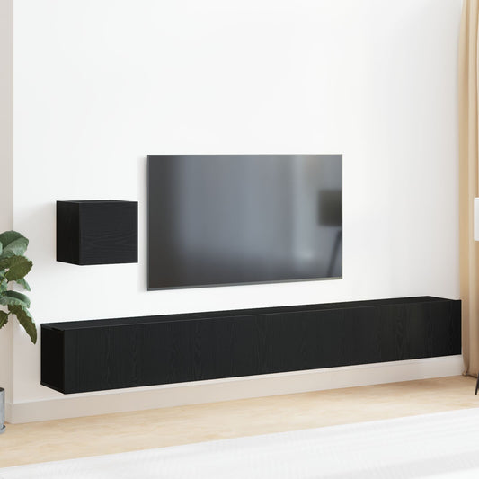 4 Section TV Cabinet Set Black Oak Engineered Wood