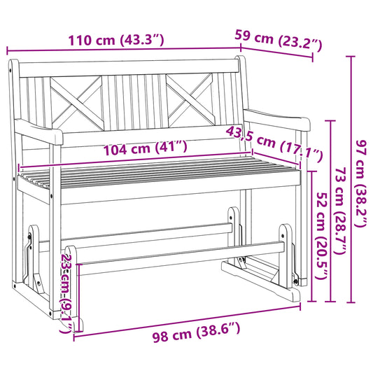 2-seter Hage Glider Benk 110x59x97 cm Solid tre Akasietre