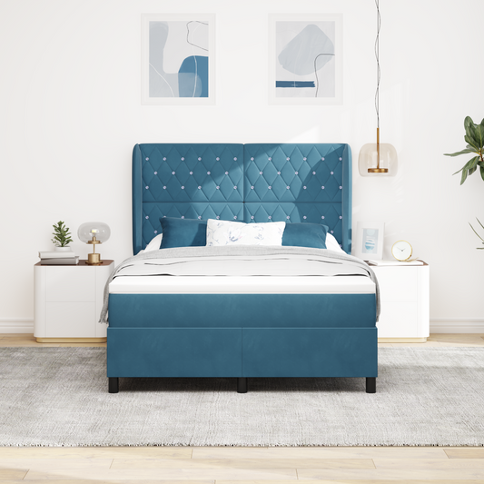 Bokfjæring Sengeramme med Madrass i Mørk Blå - 140x200 cm - Fløyel