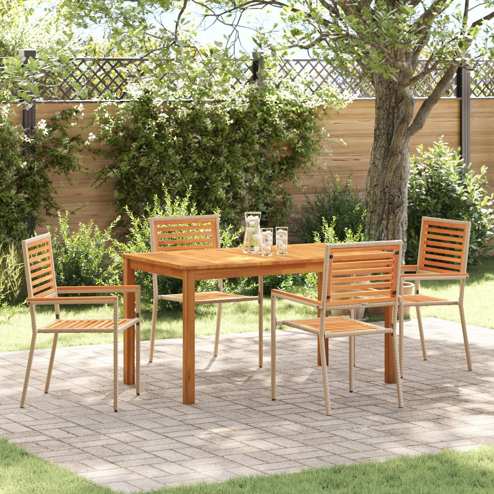 5 Delers Hage Spisebord Sett Beige Poly Rattan Akasie