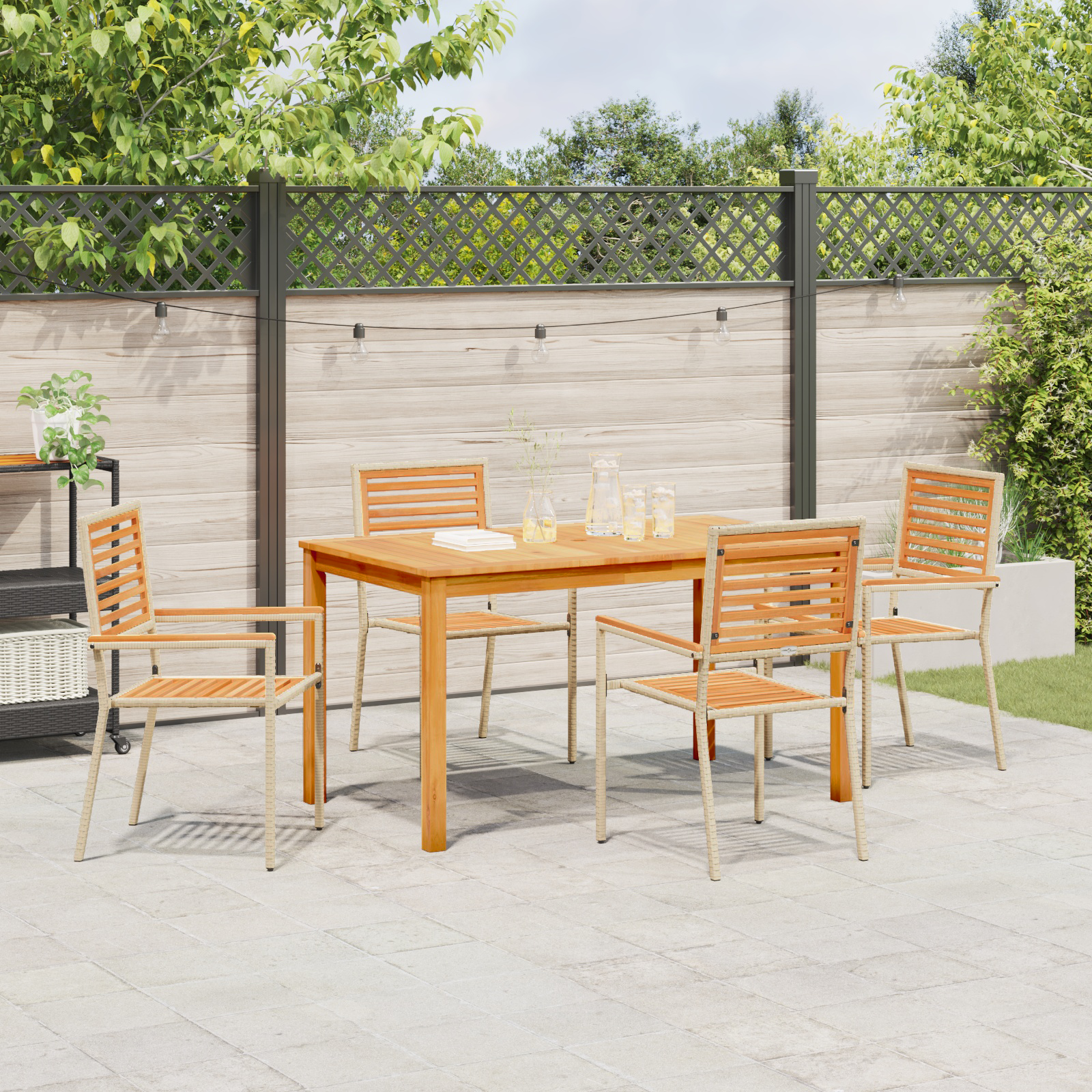 5 Delers Hage Spisebord Sett Beige Poly Rattan Akasie