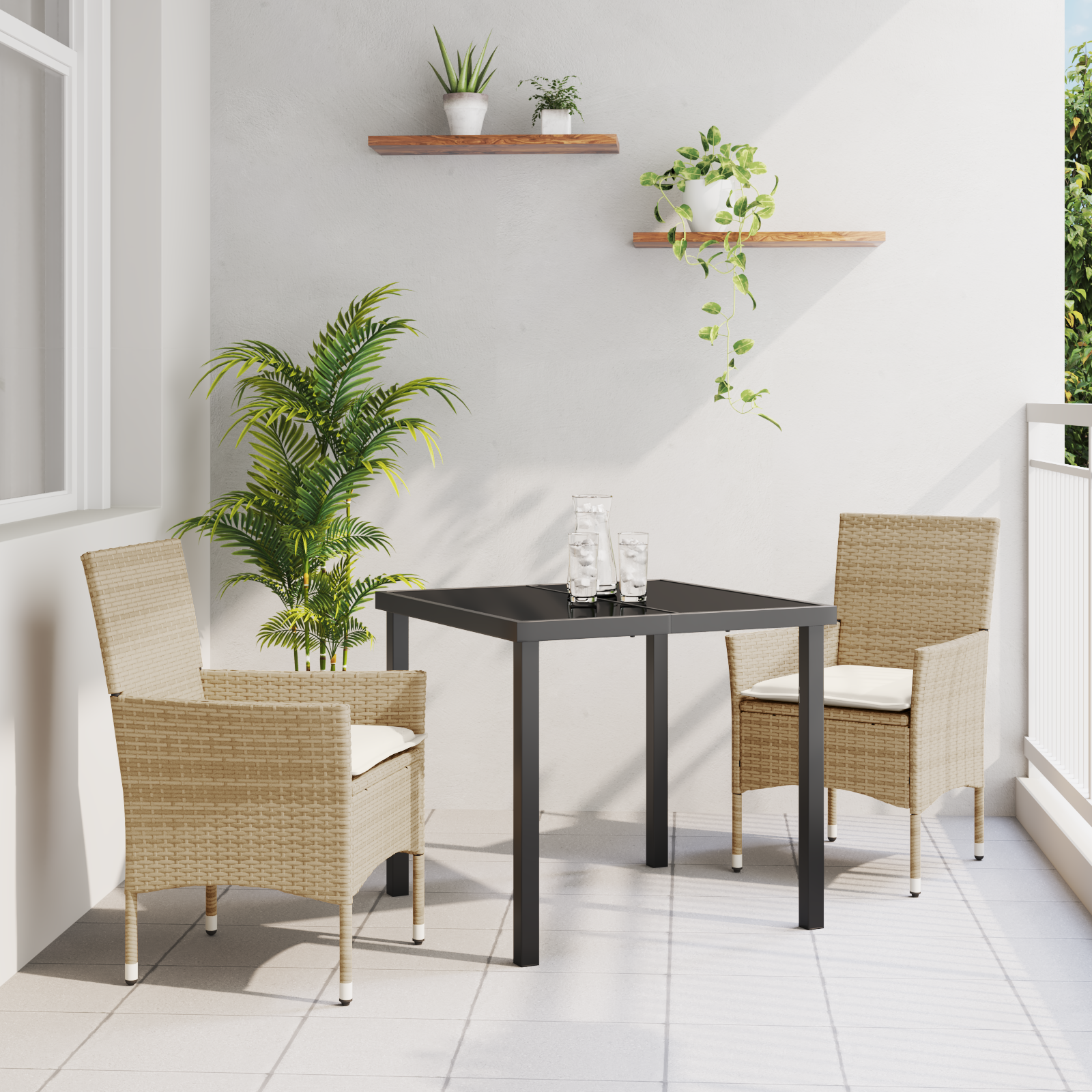 3-delt hage spisebordsett med puter beige poly rattan