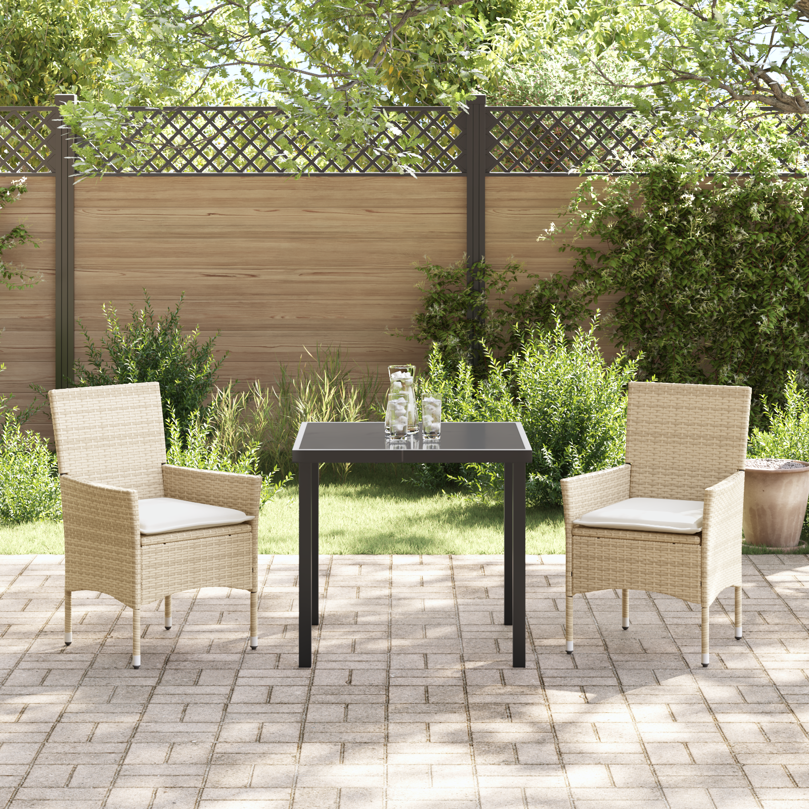 3-delt hage spisebordsett med puter beige poly rattan