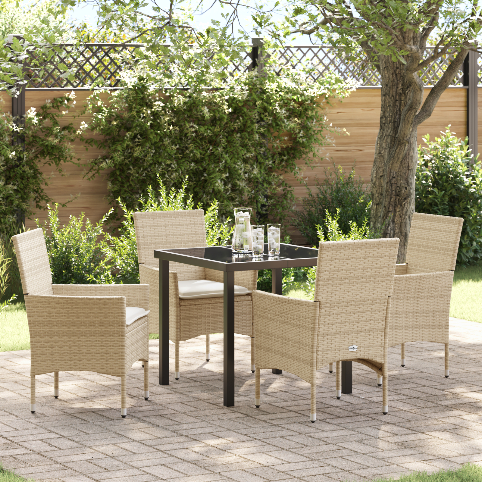 5 Delt Hage Spisebord Set med Puter Beige Poly Rattan