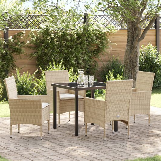 5 Delt Hage Spisebord Set med Puter Beige Poly Rattan