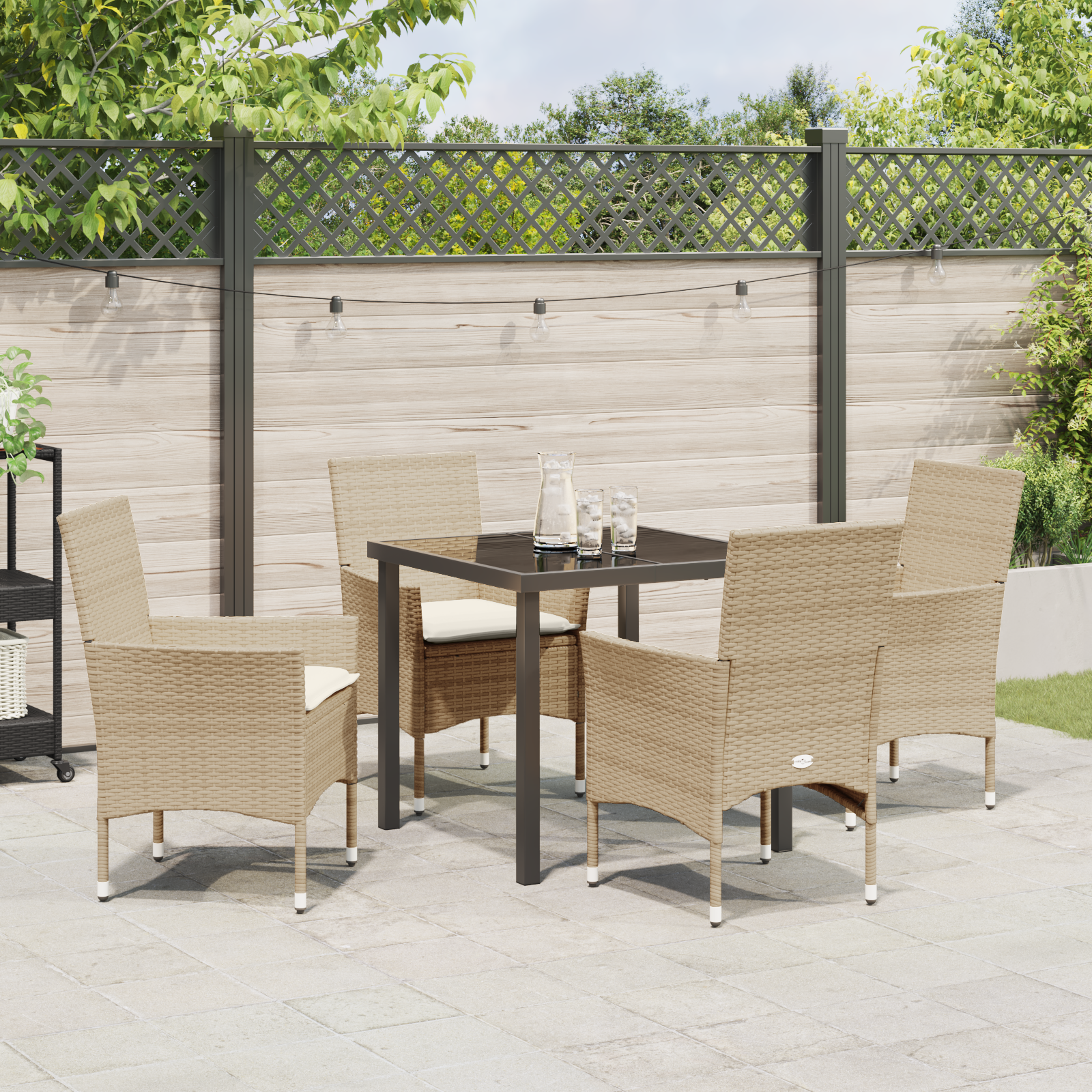 5 Delt Hage Spisebord Set med Puter Beige Poly Rattan