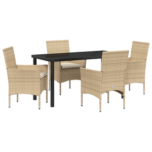 5-delt Hage Spisestue med puter Beige Poly Rattan