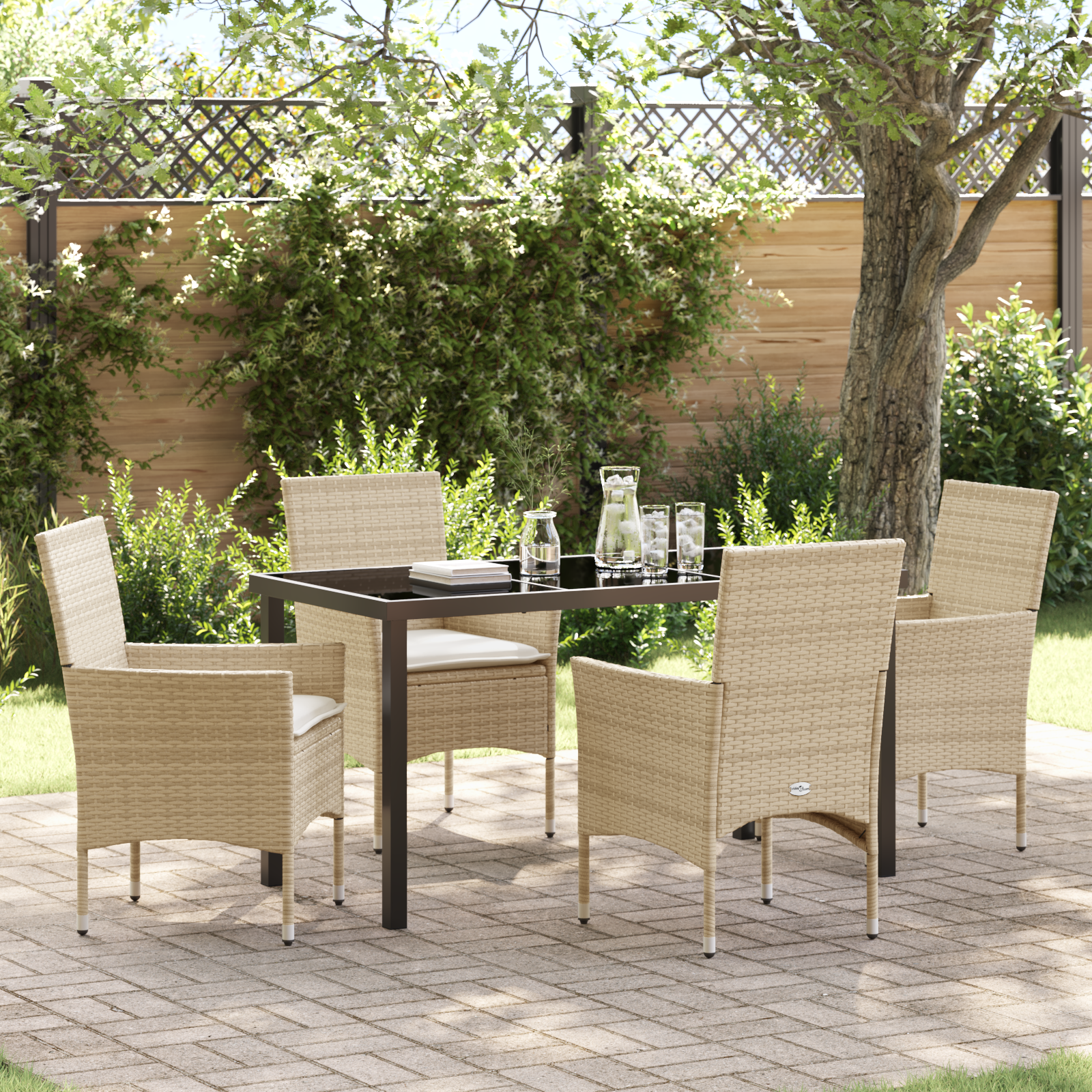 5-delt Hage Spisestue med puter Beige Poly Rattan