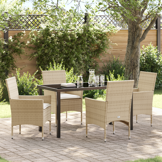 5-delt Hage Spisestue med puter Beige Poly Rattan