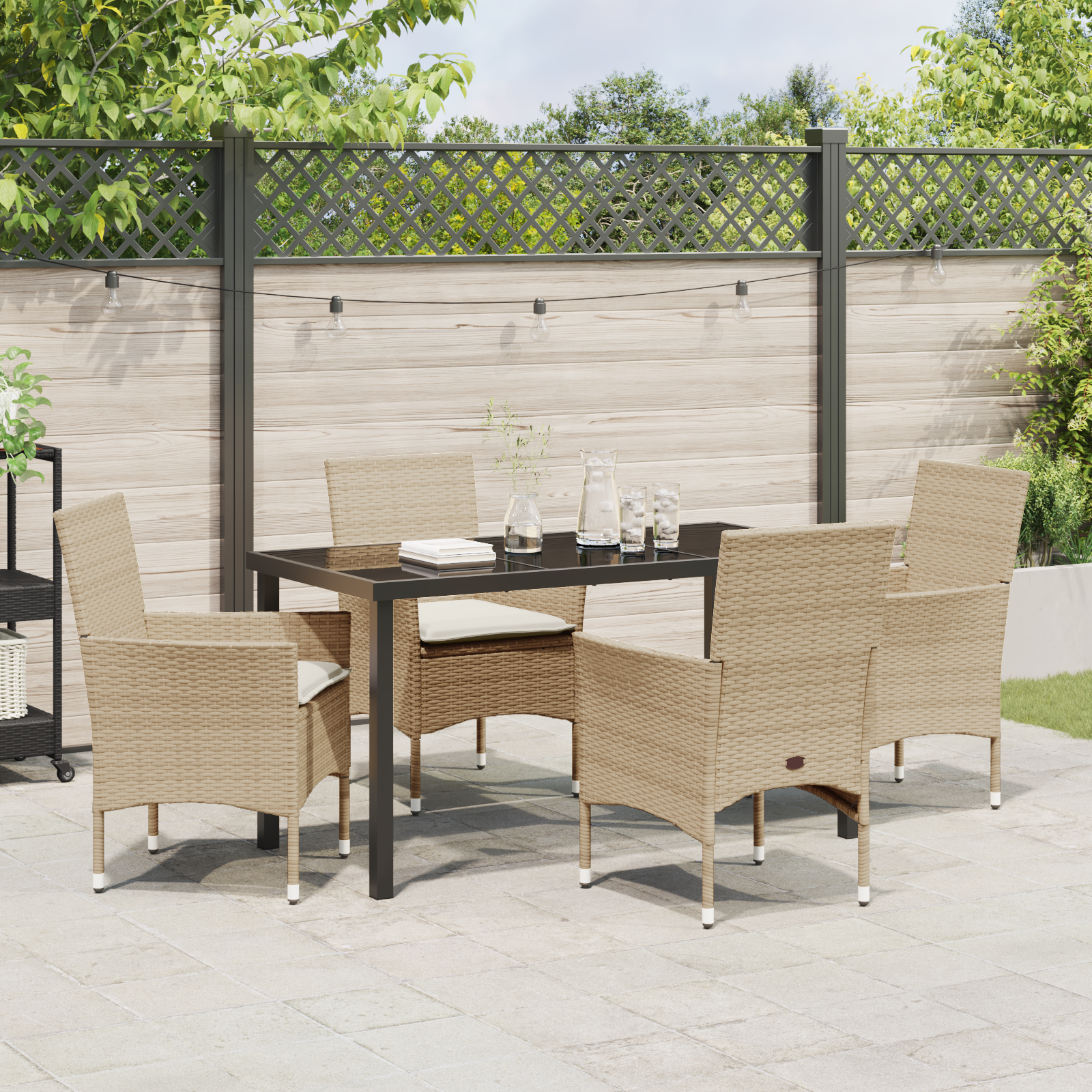 5-delt Hage Spisestue med puter Beige Poly Rattan