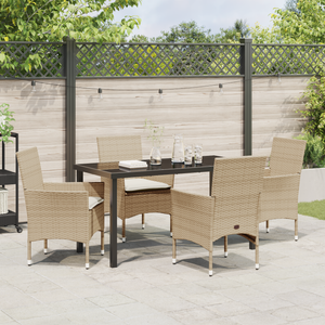 5-delt Hage Spisestue med puter Beige Poly Rattan