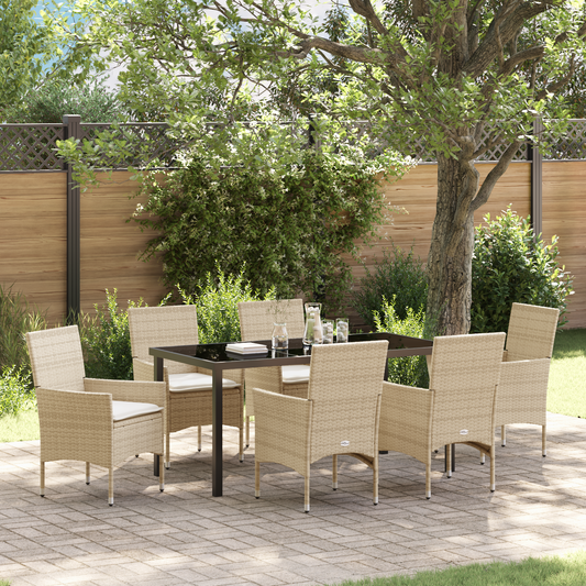 7 Delt Hage Spisestue med Puter Beige Poly Rattan