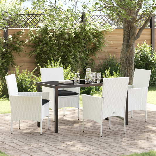 5 Dels Hage Spisebord Set med Puter Hvit Poly Rattan
