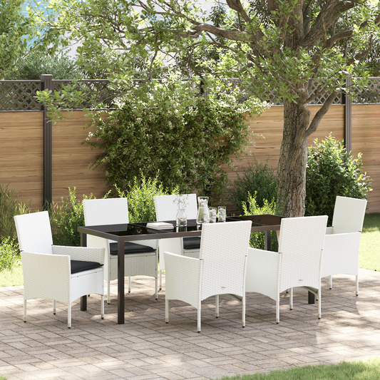 7-Delt Hage Spisegruppe med Puter Hvit Poly Rattan